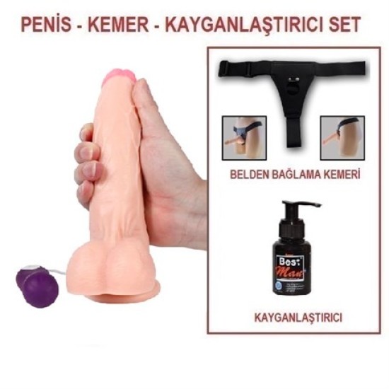  20,5 cm Belden Bağlamalı Titreşimli Realistik Dildo Penis Set