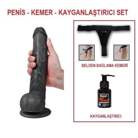 28 cm Belden Bağlamalı Realistik Dildo Zenci Penis Set