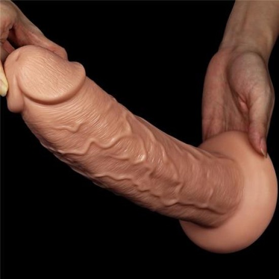 Belden Bağlamalı 28 cm Gerçekçi 10 Titreşimli Testissiz Dildo Vibratör Penis