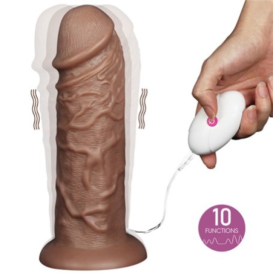 Yeni Nesil Çift Katmanlı 10 Titreşim Fonksiyonlu 26,6 cm Realistik Kalın Dildo Melez Penis